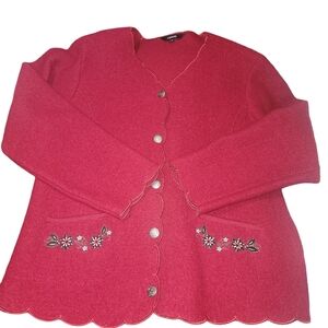 Lindor Red 100% Pure Wool Embroidered Cottagecore Cardigan Sweater L